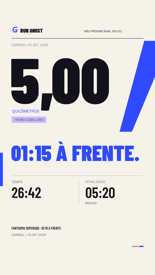 Capa Editorial do Run Ghost, com tipografia grande e métricas de um treino fictício.